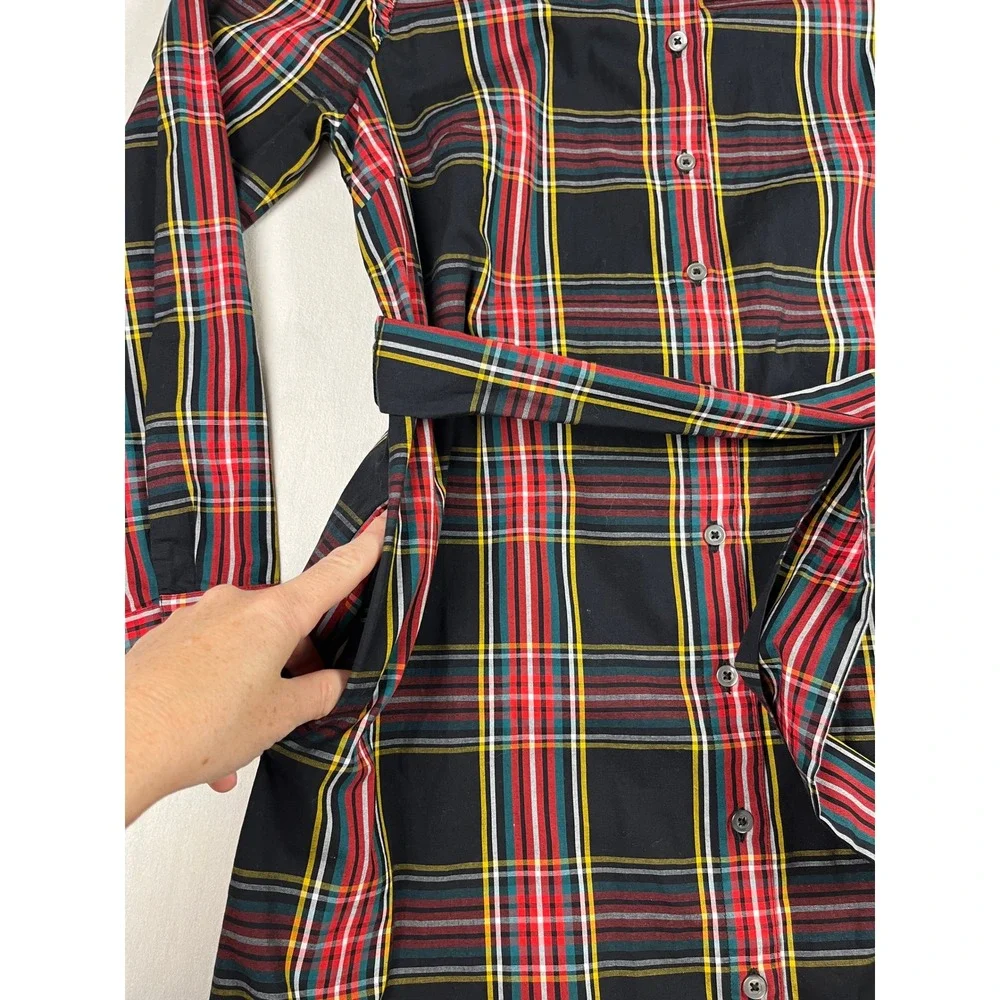 J.Crew Plaid Ruffle Collar Shirt Dress Black Red Stewart Tartan Belted 2
